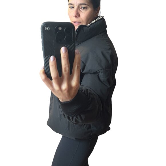 Cropped Black Puffer Jacket Soft Suede Leopard Print Collar Ribbed Cuffs Urban - Picture 11 of 12